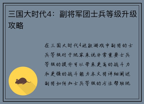 三国大时代4：副将军团士兵等级升级攻略